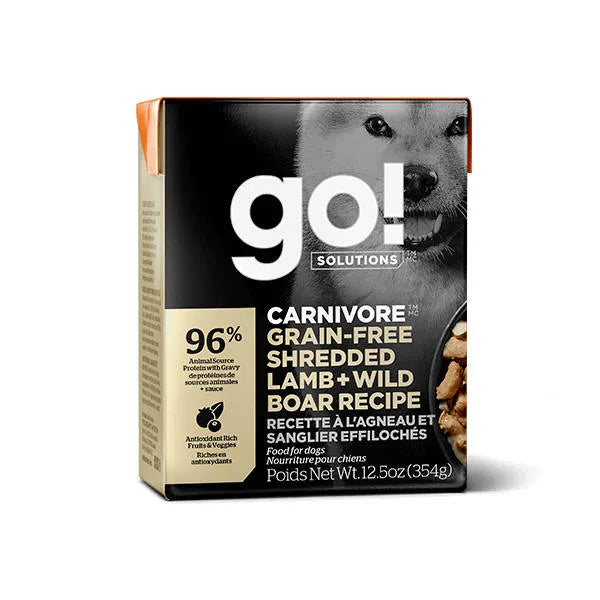 Go! Solutions Carnivore Grain Free Tetra Packs for Dogs - Shredded Lamb + Wild Boar Recipe